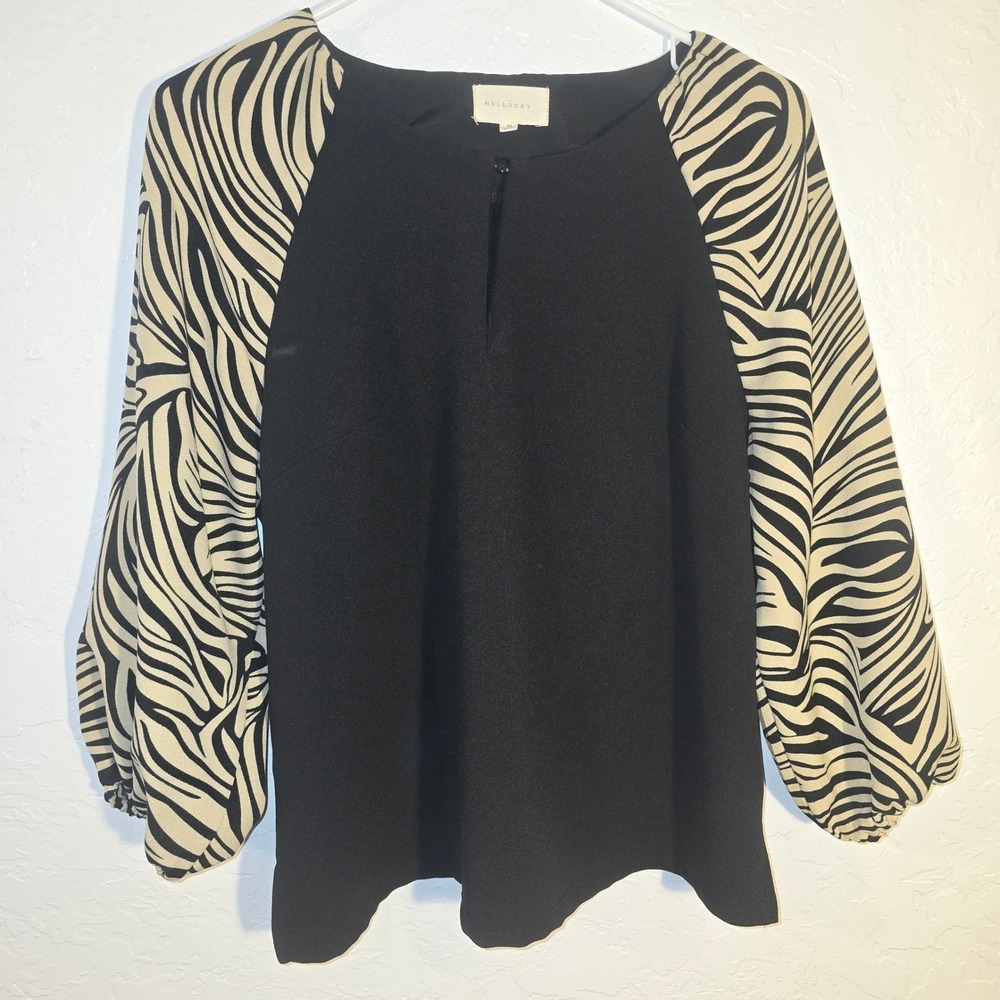 MELLODAY Women's Medium Black Zebra Print Long Sleeve Top Blous Boho Festival